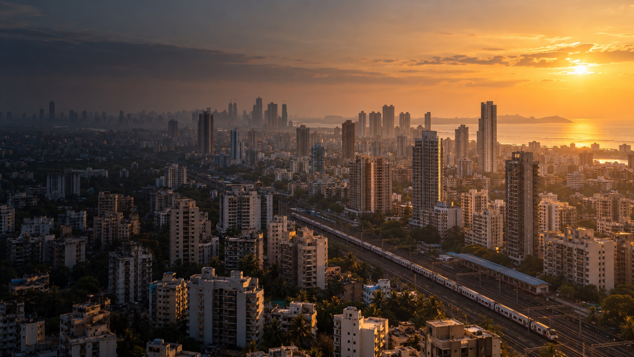 Illustrative Mumbai cityscape at golden hour, with residential towers and a railway corridor
