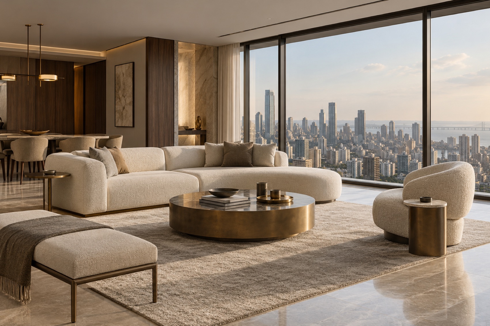 Illustrative contemporary Mumbai apartment interior overlooking the city