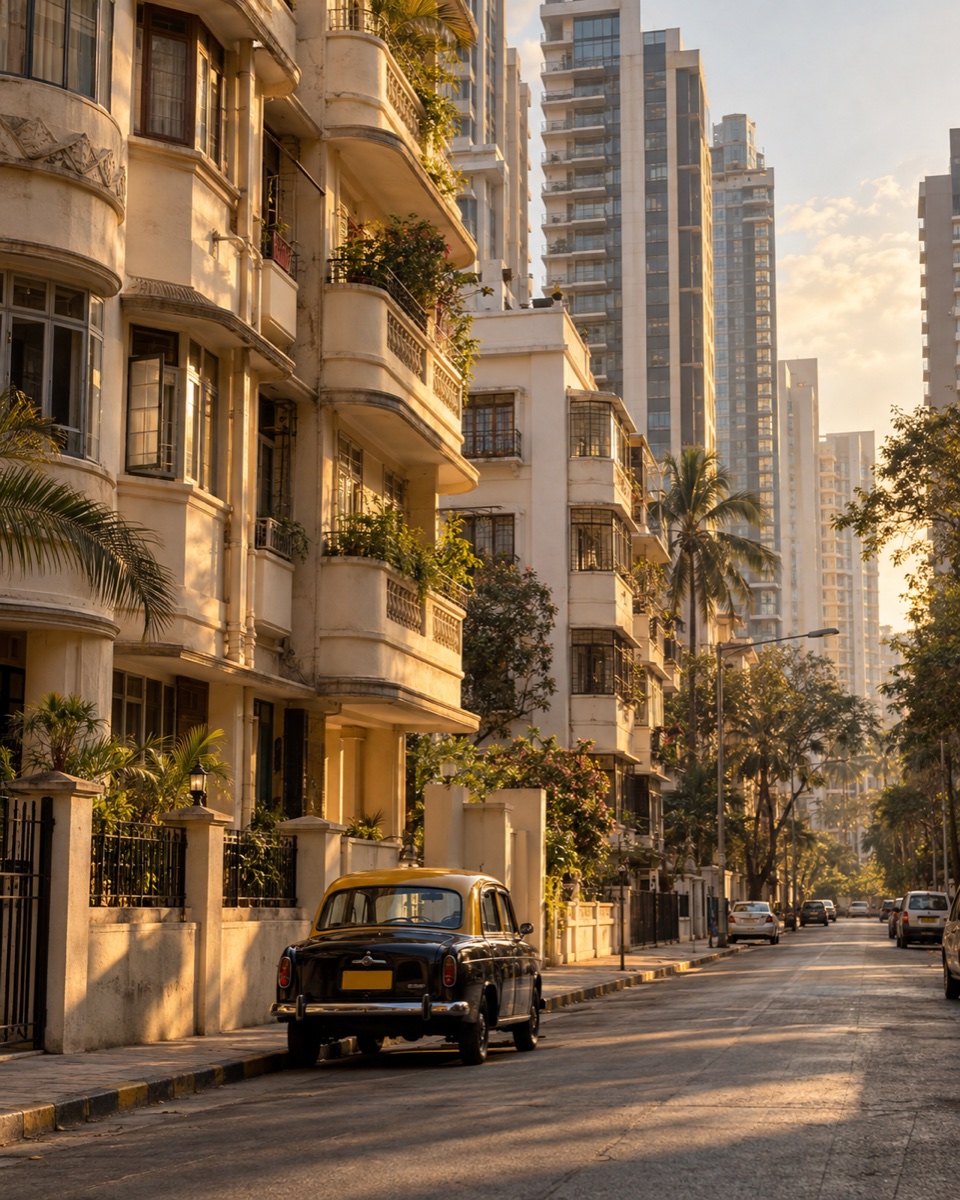 Illustrative western Mumbai residential street with a black and yellow taxi